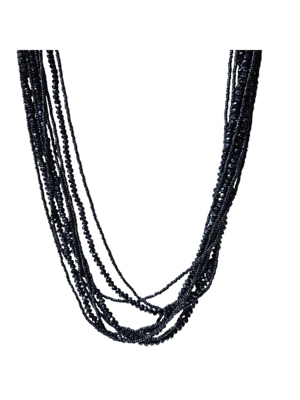 Elegant Black Beaded Necklace Faceted Multi Strand Rhinestone Magnetic Clasp